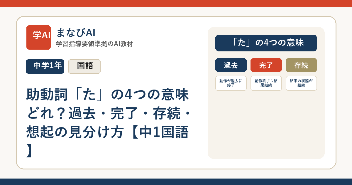 助動詞「た」の4つの意味どれ？過去・完了・存続・想起の見分け方【中1国語】 | まなびAI