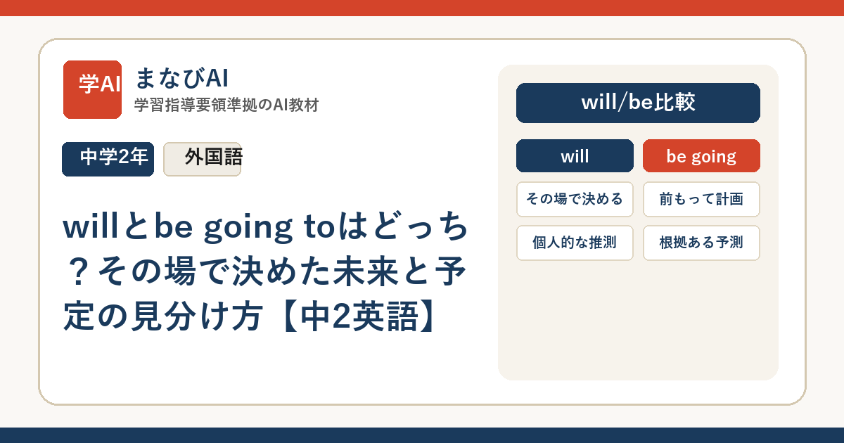 willとbe going toはどっち？その場で決めた未来と予定の見分け方【中2英語】 | まなびAI