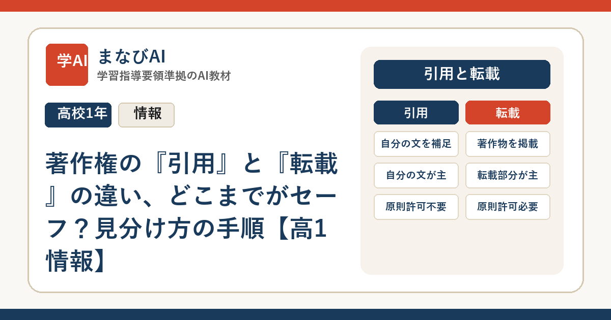 著作権の『引用』と『転載』の違い、どこまでがセーフ？見分け方の手順【高1情報】 | まなびAI