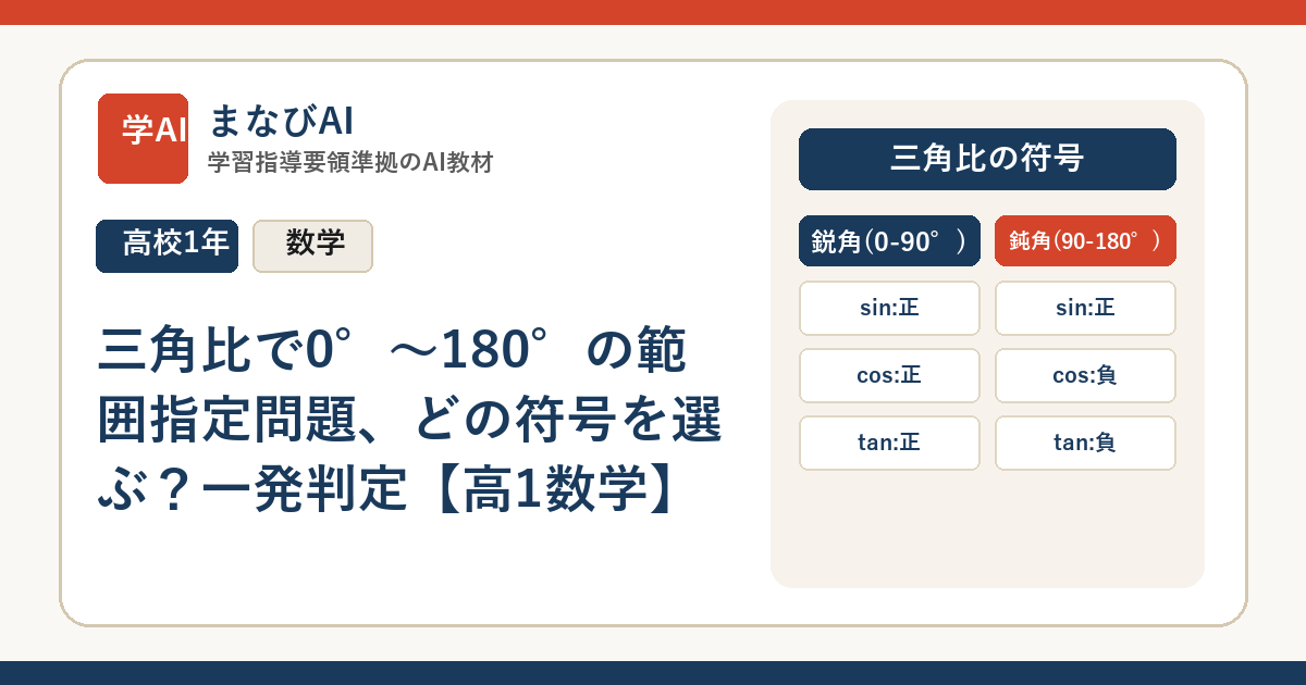 三角比で0°〜180°の範囲指定問題、どの符号を選ぶ？一発判定【高1数学】 | まなびAI