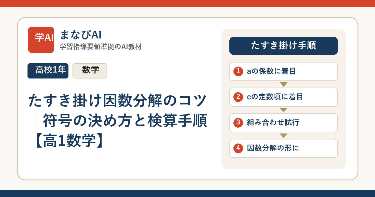 たすき掛け因数分解のコツ｜符号の決め方と検算手順【高1数学】 | まなびAI