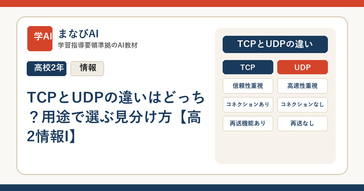 TCPとUDPの違いはどっち？用途で選ぶ見分け方【高2情報I】 | まなびAI