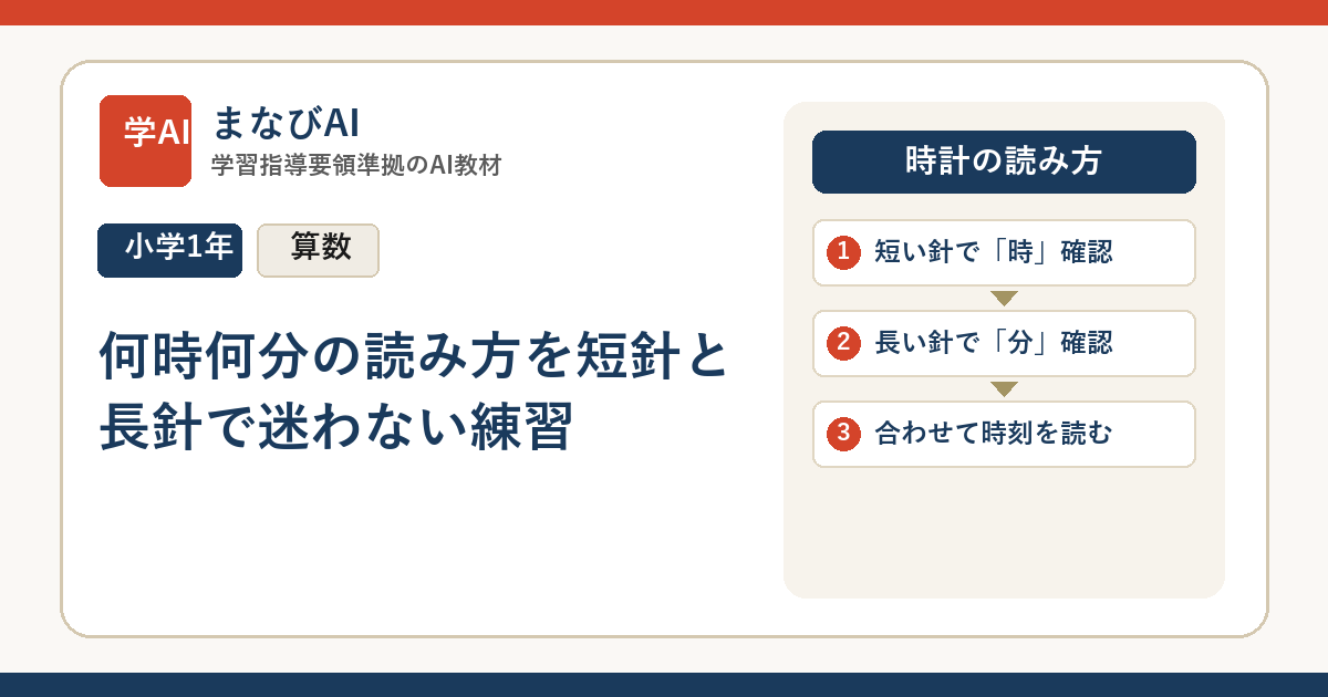 【小1算数】何時何分の読み方を短針と長針で迷わない練習 | まなびAI