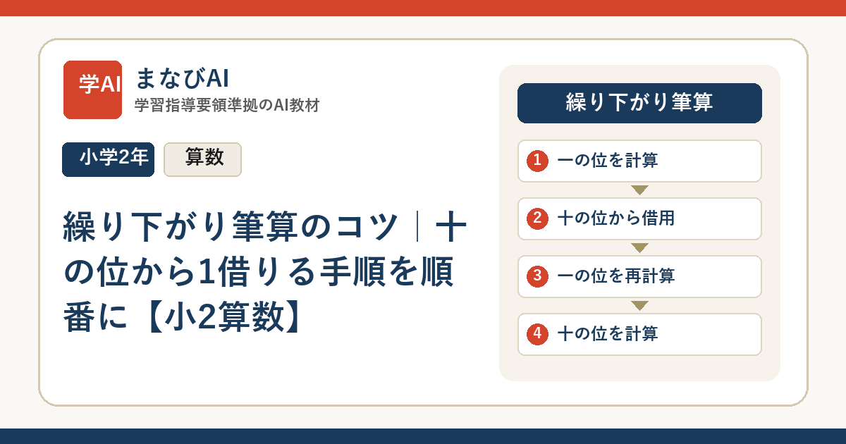 繰り下がり筆算のコツ｜十の位から1借りる手順を順番に【小2算数】 | まなびAI