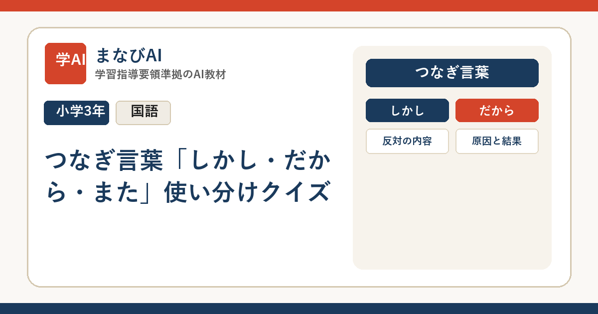 【小3国語】つなぎ言葉「しかし・だから・また」使い分けクイズ | まなびAI