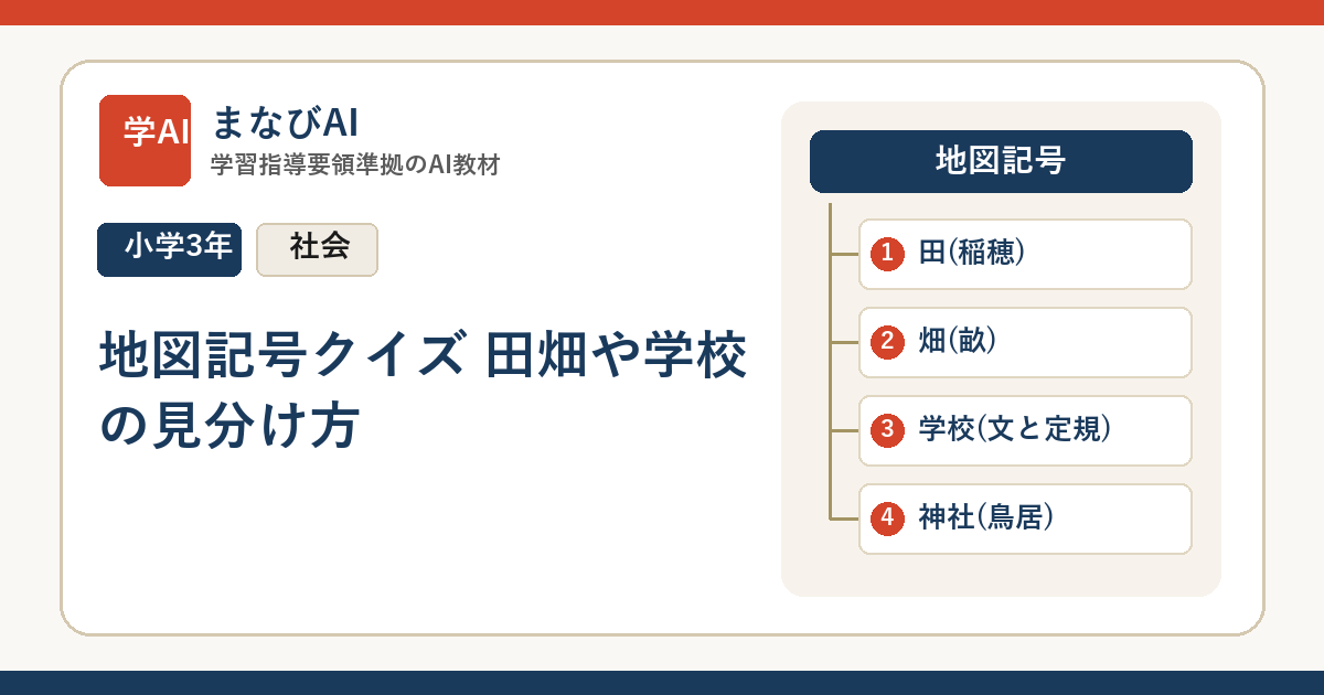 【小3社会】地図記号クイズ 田畑や学校の見分け方 | まなびAI