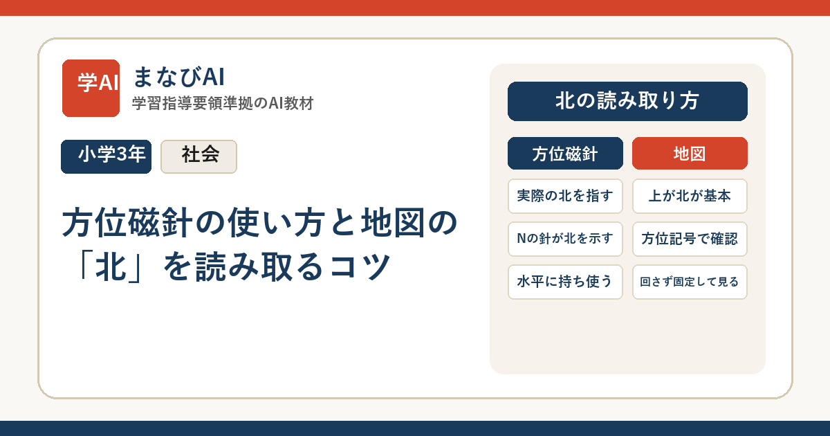 【小3社会】方位磁針の使い方と地図の「北」を読み取るコツ | まなびAI