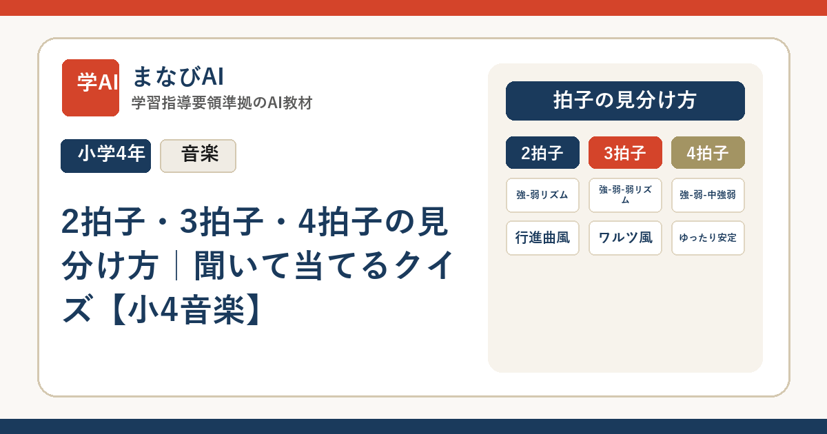 2拍子・3拍子・4拍子の見分け方｜聞いて当てるクイズ【小4音楽】 | まなびAI