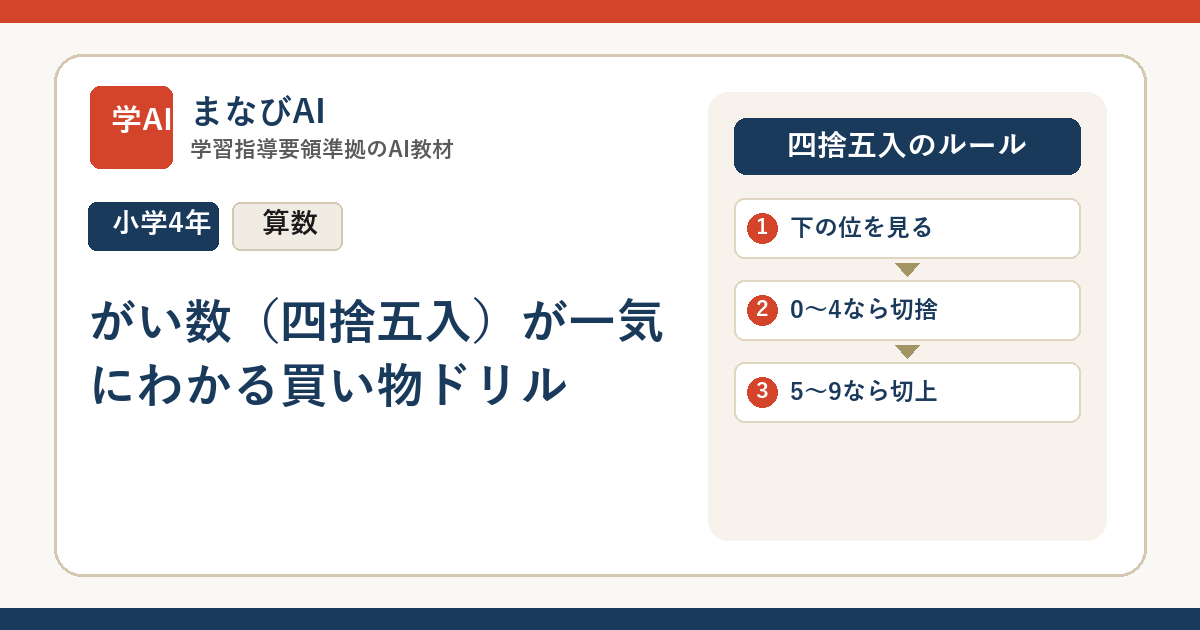 【小4算数】がい数（四捨五入）が一気にわかる買い物ドリル | まなびAI