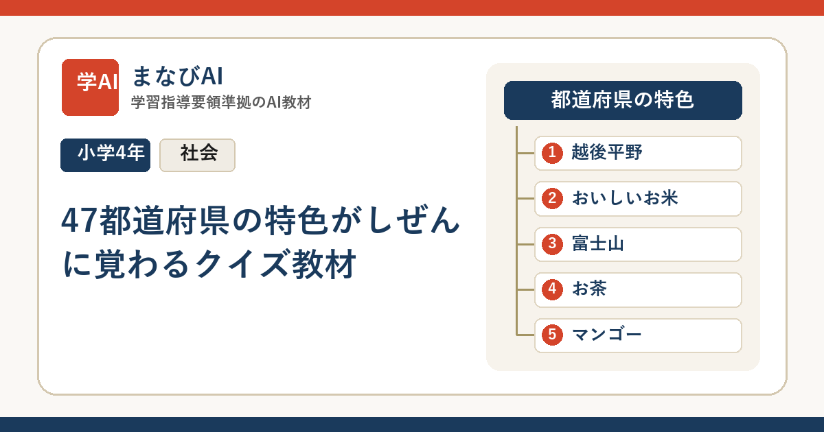 【小4社会】47都道府県の特色がしぜんに覚わるクイズ教材 | まなびAI