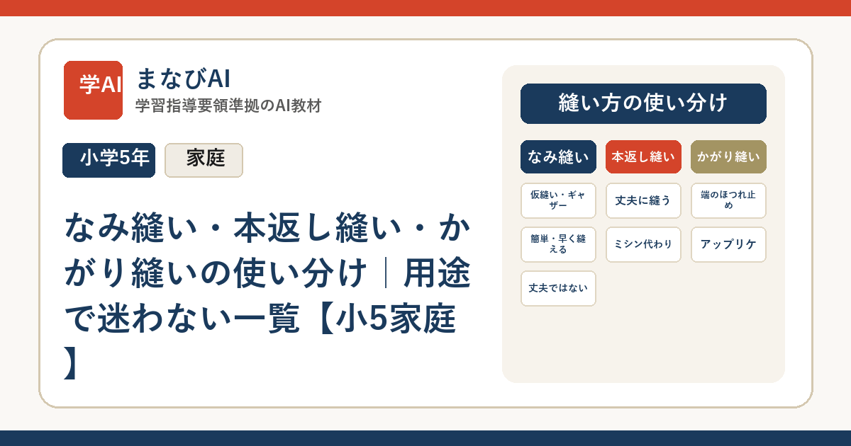 なみ縫い・本返し縫い・かがり縫いの使い分け｜用途で迷わない一覧【小5家庭】 | まなびAI