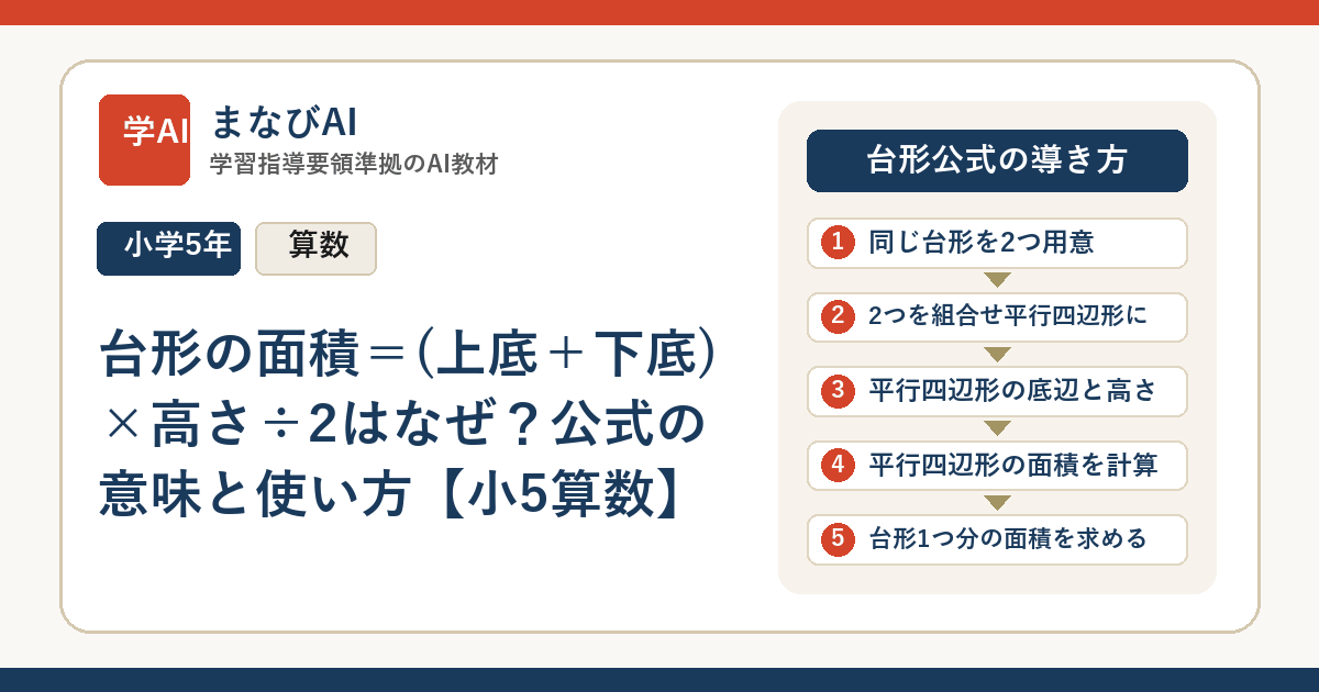 台形の面積＝(上底＋下底)×高さ÷2はなぜ？公式の意味と使い方【小5算数】 | まなびAI