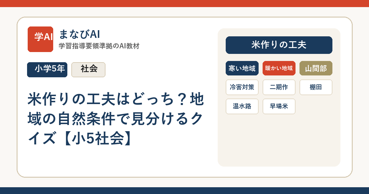米作りの工夫はどっち？地域の自然条件で見分けるクイズ【小5社会】 | まなびAI