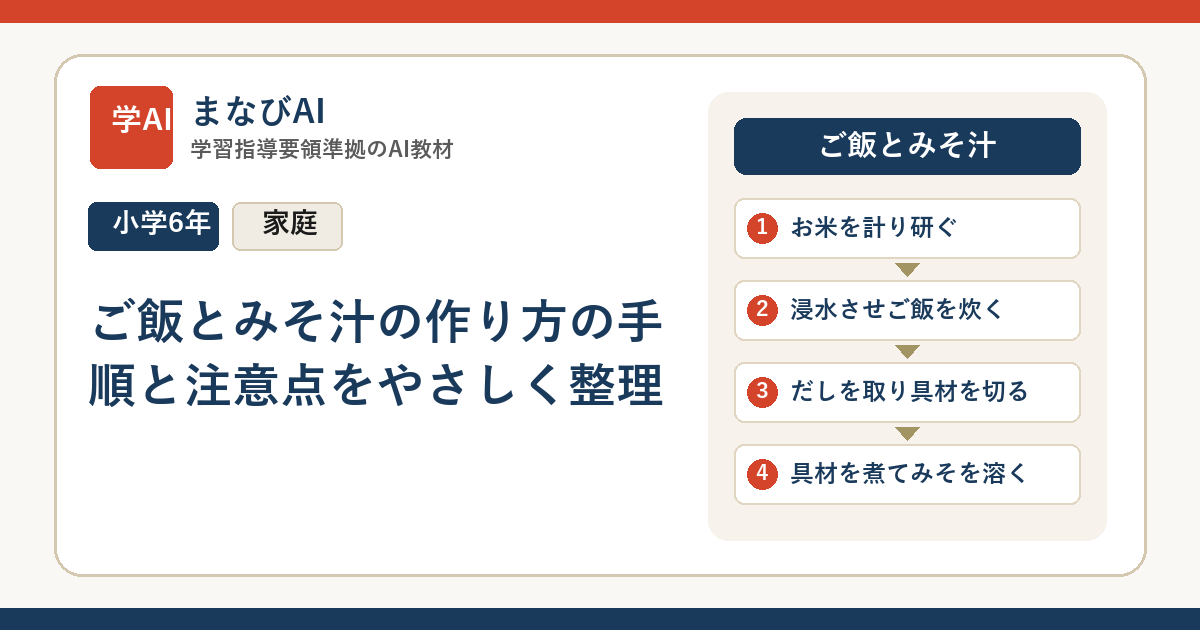 【小6家庭】ご飯とみそ汁の作り方の手順と注意点をやさしく整理 | まなびAI
